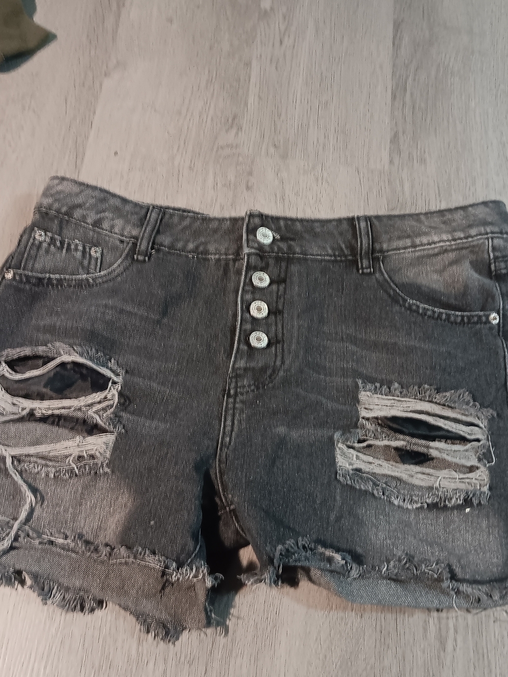 High-Rise Distressed Denim Shorts in Charcoal